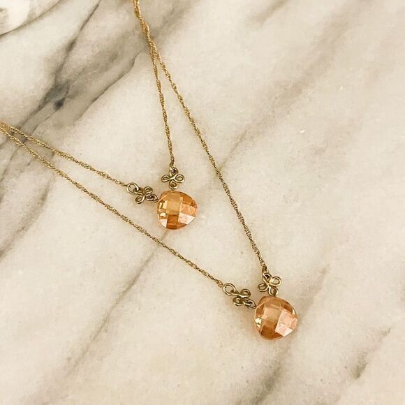 Liz Claiborne Crystal Multilayer Necklace Peach Pink Gold Toned Metal - Picture 5 of 6